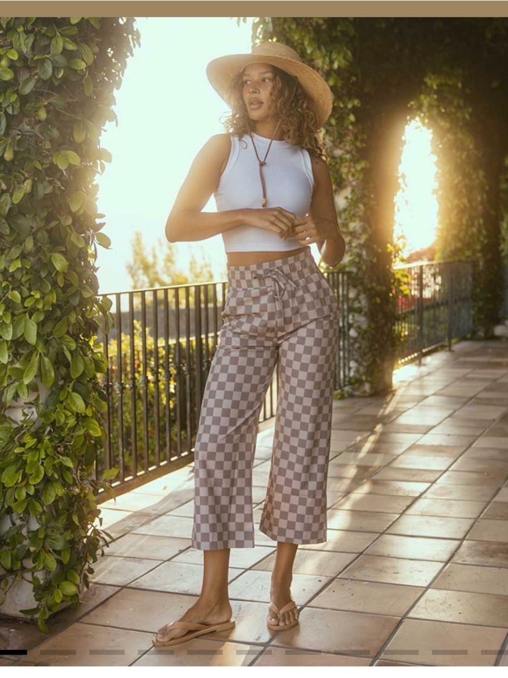 Albion Taupe & White Checkered Wide-Leg Crop Pants